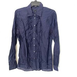 Banana Republic Blouse Blue Cotton Silk Ruffle Button Up Corporate Work Size M